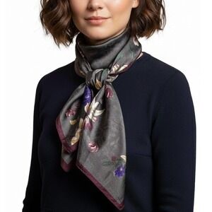 Vtg Ellen Tracy Dark Floral Silk Scarf Hand Rolled Boho Preppy Feminine‎ 35x35